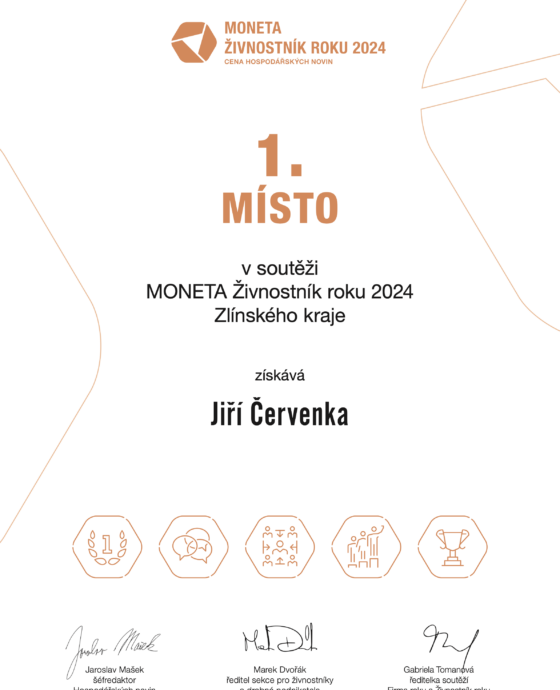 1. místo v soutěži MONETA Živnostník roku 2024 Zlínského kraje